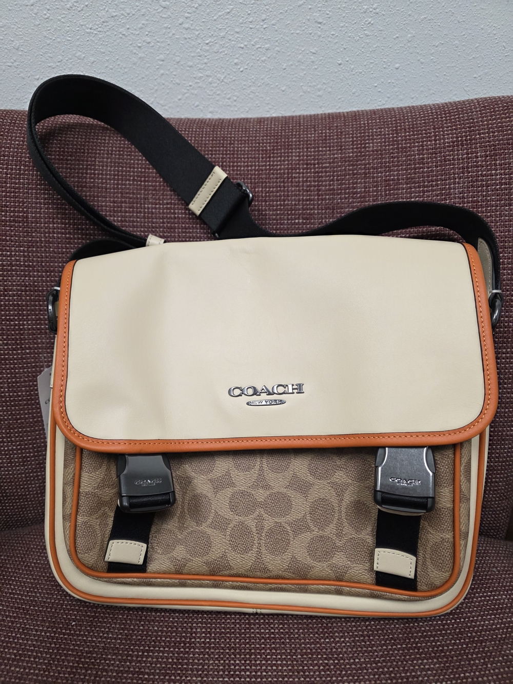 Coach Men's Signature Canvas Messenger Bag in Cream & Brown